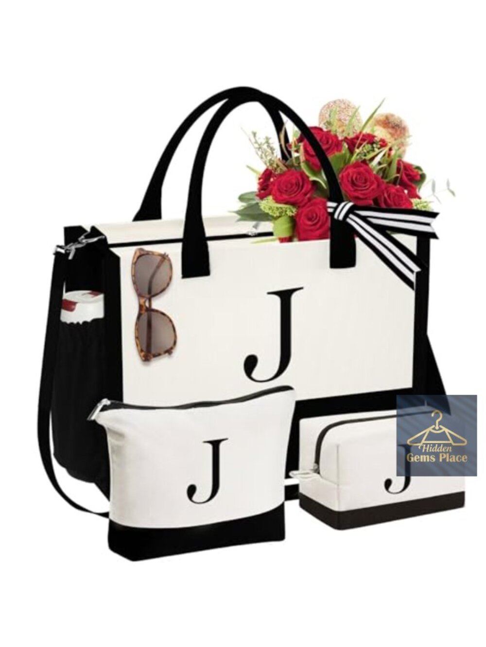 Canvas Tote Bag Set with Embroidered Initial & 2 Makeup Bags Zip Shoulder